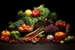 Assorted organic vegetables and herbs isolated on black background. Proper nutrition.