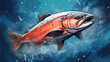 Illustration of a large red salmon or trout fish jumping out of the water on a blue splash background.