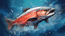 Illustration Of A Large Red Salmon Or Trout Fish Jumping Out Of The Water On A Blue Splash Background.