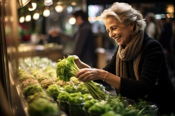 A happy woman at a farmers' market, choosing fresh organic vegetables together for a healthy lifestyle.