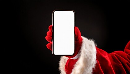 Hey, new cellphone. Santa holding modern phone with white blank screen over black background