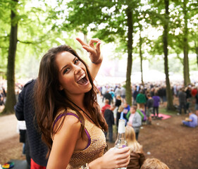 Sticker - Happy woman, portrait and peace sign at outdoor music festival or crowd for party, event or DJ in nature. Excited female person smile enjoying audio sound at carnival, concert or performance outside