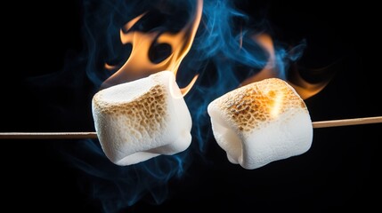 Banner Of Two Marshmallows On A Stick Roasting Over Campfire On Black Background - Camping Summer Fun Concept