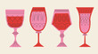 A set of tall glasses of different shapes in red and pink colors. Drinks in different types of vintage glasses. Linear vector illustration. Cartoon retro style