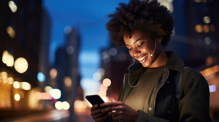 A woman uses a cell phone on a city street at night