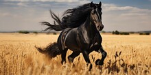 A Black Horse Running Through A Field