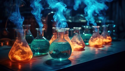 A Line of Glass Flasks Filled with Various Liquids