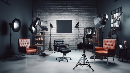 Interior of modern photo studio with chair and professional equipment, grey tones