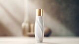 Fototapeta  - A captivating close-up of a blank cosmetic bottle mockup, highlighting its smooth surface and the potential for luxurious beauty products.