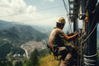 male electrician in a hard hat repairing a power line at high altitude during the day.