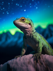 Wall Mural - A Photo of a Lizard at Night Under the Aurora Borealis