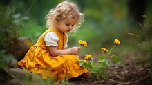 A Little Girl In A Yellow Dress With Yellow Flowers In The Forest.