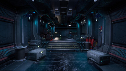 Poster - Futuristic corridor in a fantasy sci-fi underground outpost. Science fiction concept background 3D rendering.