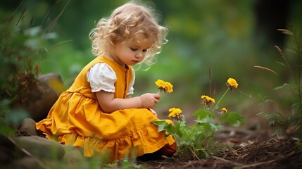 A little girl in a yellow dress with yellow flowers in the forest.