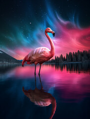 Wall Mural - A Photo of a Flamingo at Night Under the Aurora Borealis