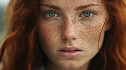 Wall Mural - Close up face of young red ginger freckled woman with ginger hair and perfect healthy freckled skin, close-up portrait of beautiful girl looking at camera with pretty cute nature