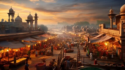 Wall Mural - A panoramic view of a traditional Eid bazaar, with stalls selling colorful fabrics, spices, and sweets, under a twilight sky.