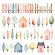 Watercolor Village: Quaint Houses and Fences with Stylized Trees, storybook illustration, nursery decor, crafting elements, transparent, isolated