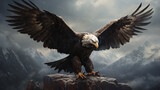 Fototapeta  - A bald eagle spreads its wings while perched on a rock