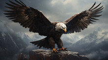 A Bald Eagle Spreads Its Wings While Perched On A Rock