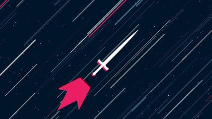 Poster - Sword symbol flies through the universe on a jet propulsion. The symbol in the center is shaking due to high speed. Seamless looped 4k animation on dark blue background with stars