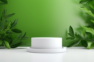 Aufkleber - white flat cylindrical product plinth background with green leaves Simulates a minimal vertical format wall scene.