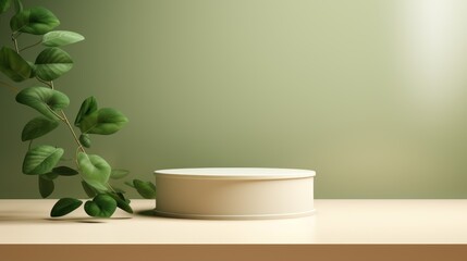 Poster - 3D vector pastel background with realistic white and beige cylindrical pedestal. decoration with green leaves