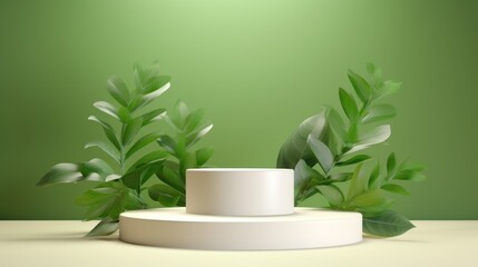 Aufkleber - 3D vector pastel background with realistic white and beige cylindrical pedestal. decoration with green leaves