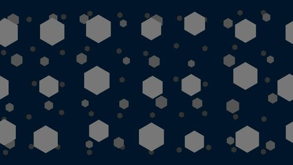 Poster - Hexagon symbols float horizontally from left to right. Parallax fly effect. Floating symbols are located randomly. Seamless looped 4k animation on dark blue background