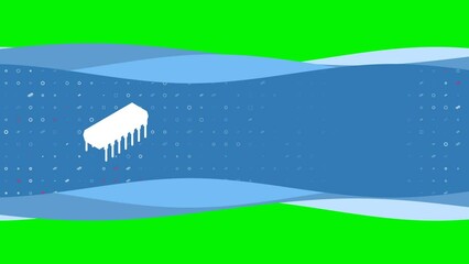 Poster - Animation of blue banner waves movement with white integrated circuit symbol on the left. On the background there are small white shapes. Seamless looped 4k animation on chroma key background
