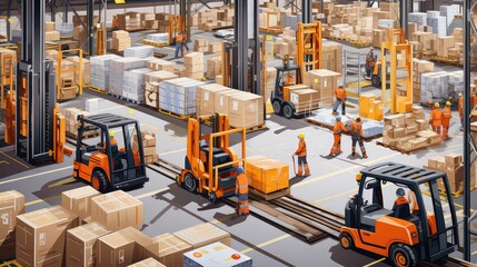 Wall Mural - distribution large warehouse background illustration inventory fulfillment, supply shipping, receiving pallets distribution large warehouse background