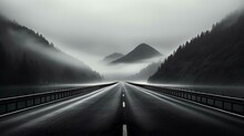 Road Disappearing Into The Fog In The Distance - Black And White - Monochrome - Mountains 