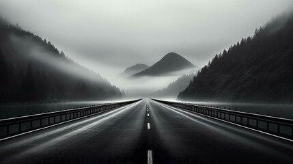 Wall Mural - Road disappearing into the fog in the distance - black and white - monochrome - mountains 