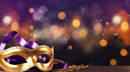 copy space, Gold, purple and green glittery mardi gras mask on shining bokeh city banner. Perfect for carnival, Mardi Gras, party, celebration, and theme-related concepts. Carnival background.