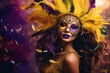 Vibrant Mardi Gras concept: A lively portrayal of a young woman donning a feathered mask against a bright backdrop perfectly embodies the festive concept of Mardi Gras celebrations. Generated AI