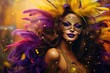 Mardi Gras celebration concept: A vibrant portrait of a young woman wearing a mask adorned with colorful feathers against a bright background sets the festive Mardi Gras tone. Generated AI