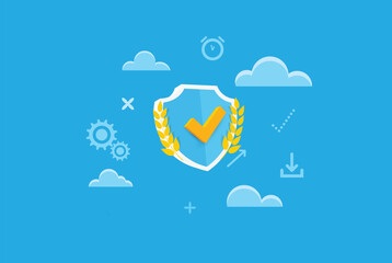 Poster - security shield with a white thick icon on the blue sky with clouds. protection conceptual illustrat