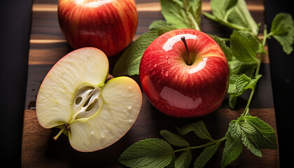 Sticker - Freshness of apple on wooden table, healthy eating generated by AI