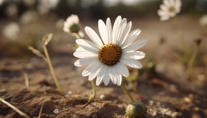 Canvas Print - Soft focus on single daisy, bright yellow petal in meadow generated by AI