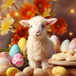 Kartka z życzeniami na Wielkanoc . Wielkanocny Baranek, pisanki i  żonkile