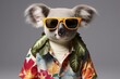 background grey collar flower head it's leaves sunglasses shirt hawaiian wearing koala carnival mask face venice costume italy party red fun masquerade white person female joy h ai dog animal