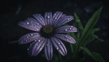 Sticker - Vibrant purple gerbera daisy, wet with dew, in meadow generated by AI