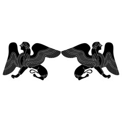 Symmetrical design or frame with two fantastic winged female sphinxes. Ancient Greek mythological creature. Half woman half lion. Black and white silhouette.