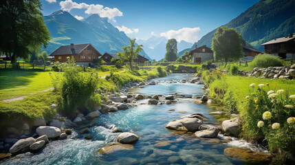 beautiful alps landscape with village, green fields, mountain river at sunny day. swiss mountains at