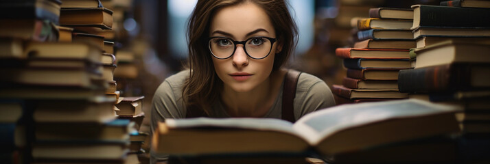 Wall Mural - fantasy novelist, stacks of books in the background, steely gaze through round glasses, storytelling in the eyes