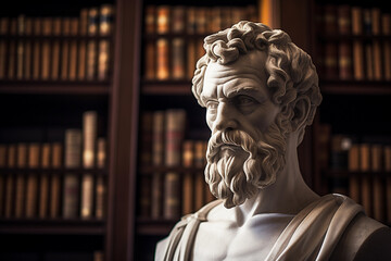 Wall Mural - Iconographic portrait of a revered philosopher, marble bust, stoic expression, classical library backdrop