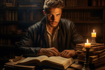 Wall Mural - Philosopher's neo-classical portrait, contemplative gaze, surrounded by leather-bound books and parchment