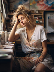 Wall Mural - pensive artist in her studio, surrounded by paintings, messy bun, paint on her apron