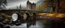 Moody Autumn River Scene With Bridge And Ruined Building. Atmospheric Melancholy Style. Generative AI.
