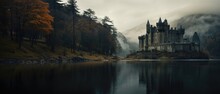 Castle Shrouded In Mist. Atmospheric Autumn Lake Scene. Generative AI.